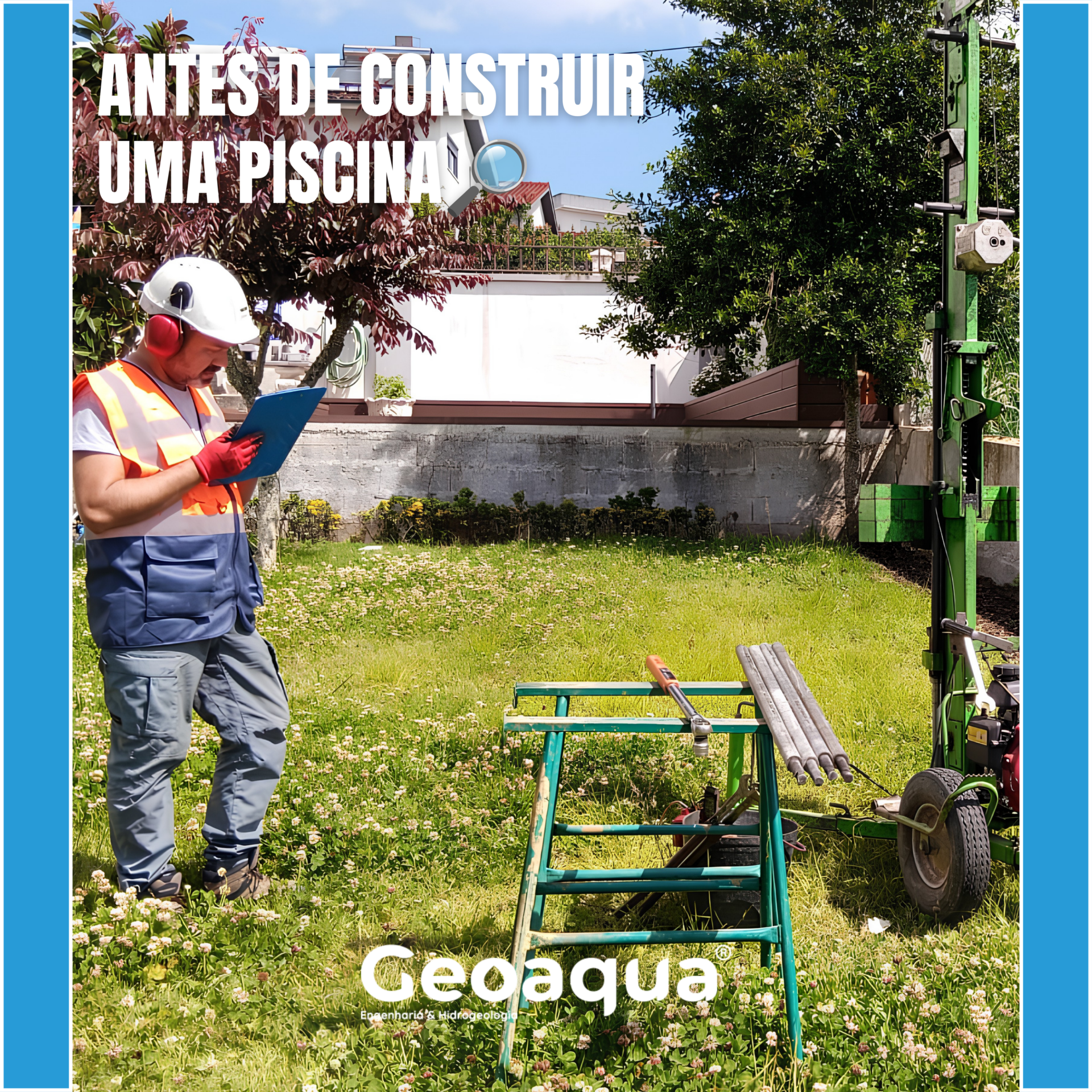 Técnico da Geoaqua a realizar um estudo geotécnico com ensaio de penetração dinâmica super pesada (DPSH) para avaliar a viabilidade de uma piscina semienterrada.