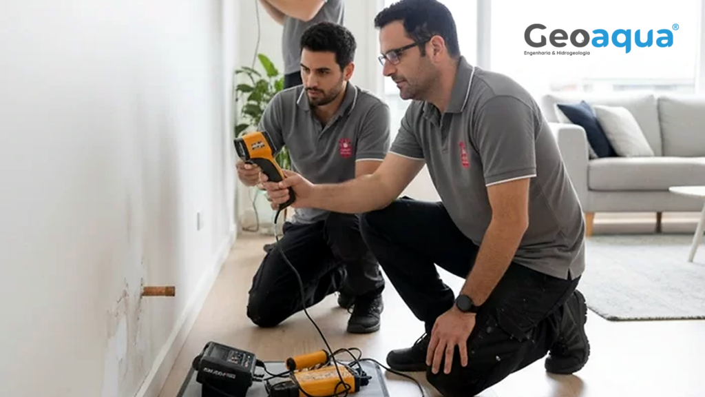 Técnicos da Geoaqua a realizar deteção de fugas de água no interior de uma habitação com equipamento de inspeção especializado.