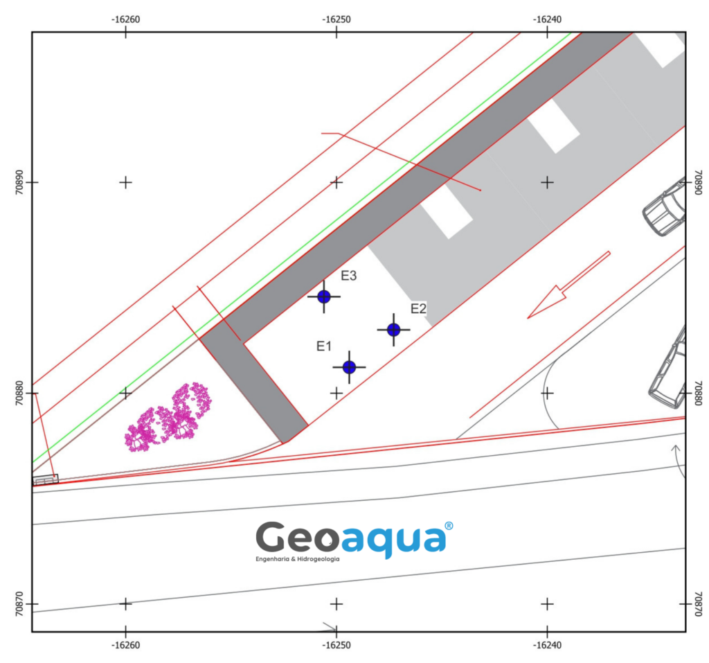 Planta de implantação do estudo geológico e geotécnico para postos de carregamento de veículos elétricos em Penacova.
