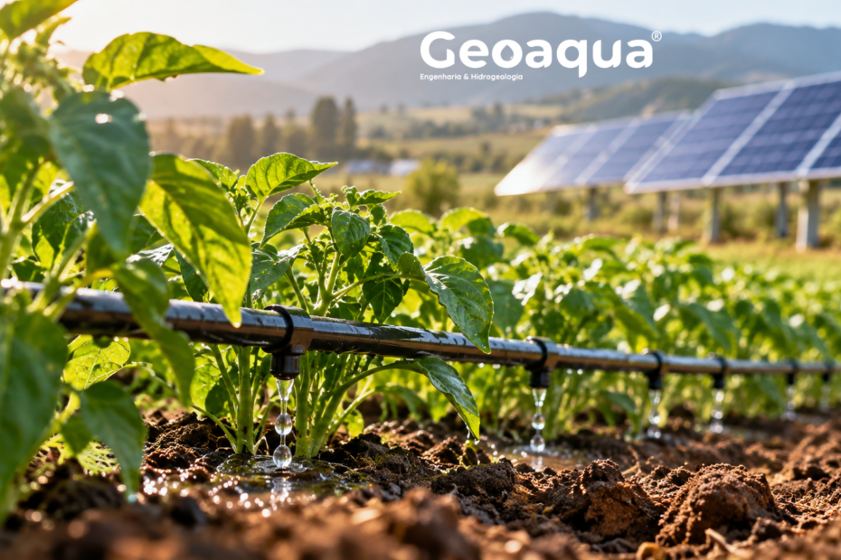 Sistema de rega gota a gota numa exploração agrícola com painéis fotovoltaicos e logótipo Geoaqua.