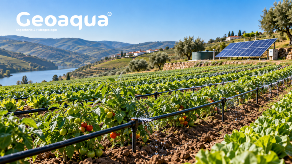 Campo agrícola com sistema de rega eficiente e painéis fotovoltaicos.
