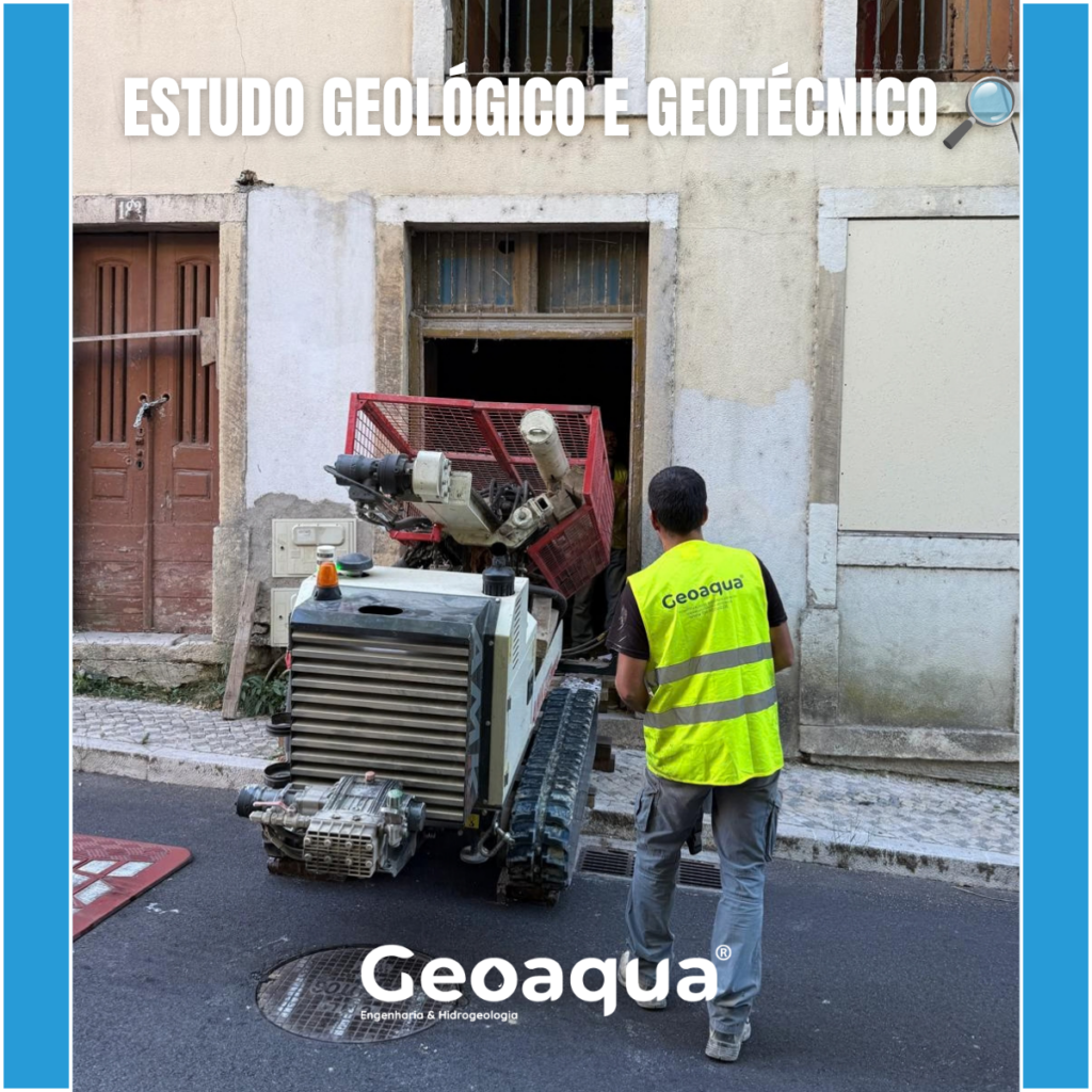 Estudo geológico e geotécnico realizado pela Geoaqua num edifício existente, com equipamento de sondagem de dimensões reduzidas em contexto urbano.